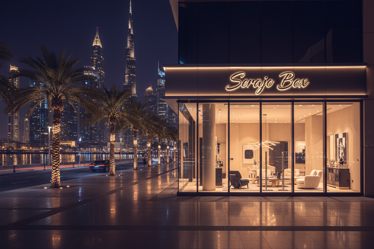create a banner image of a store named serajo box in night in dubai