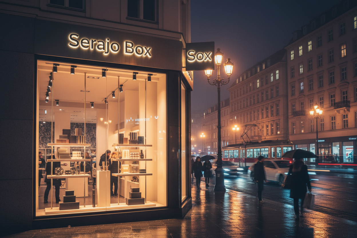 generate a video in night in a city of a magasin named serajo box